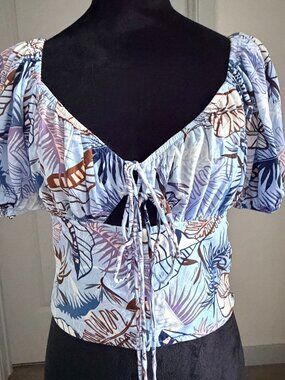 Milkmaid Cottagecore Sz Medium Blue Floral Puff Sleeve Festival Boho Fairy Top